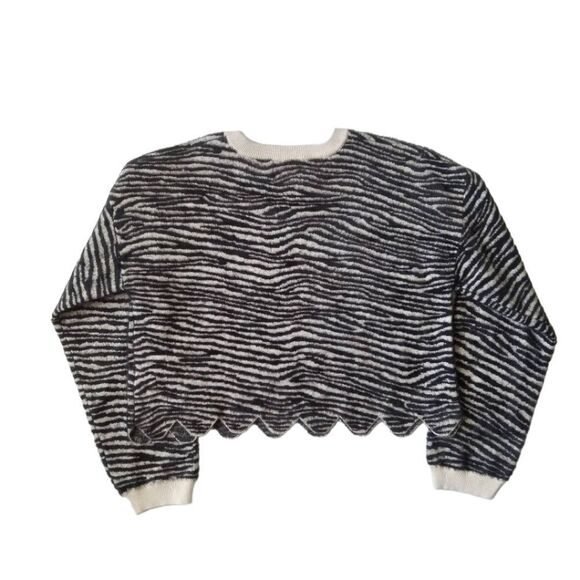 J.O.A. Off White and Black Zebra Print Eyelash Knit Cropped Pullover Sweater - Picture 3 of 15